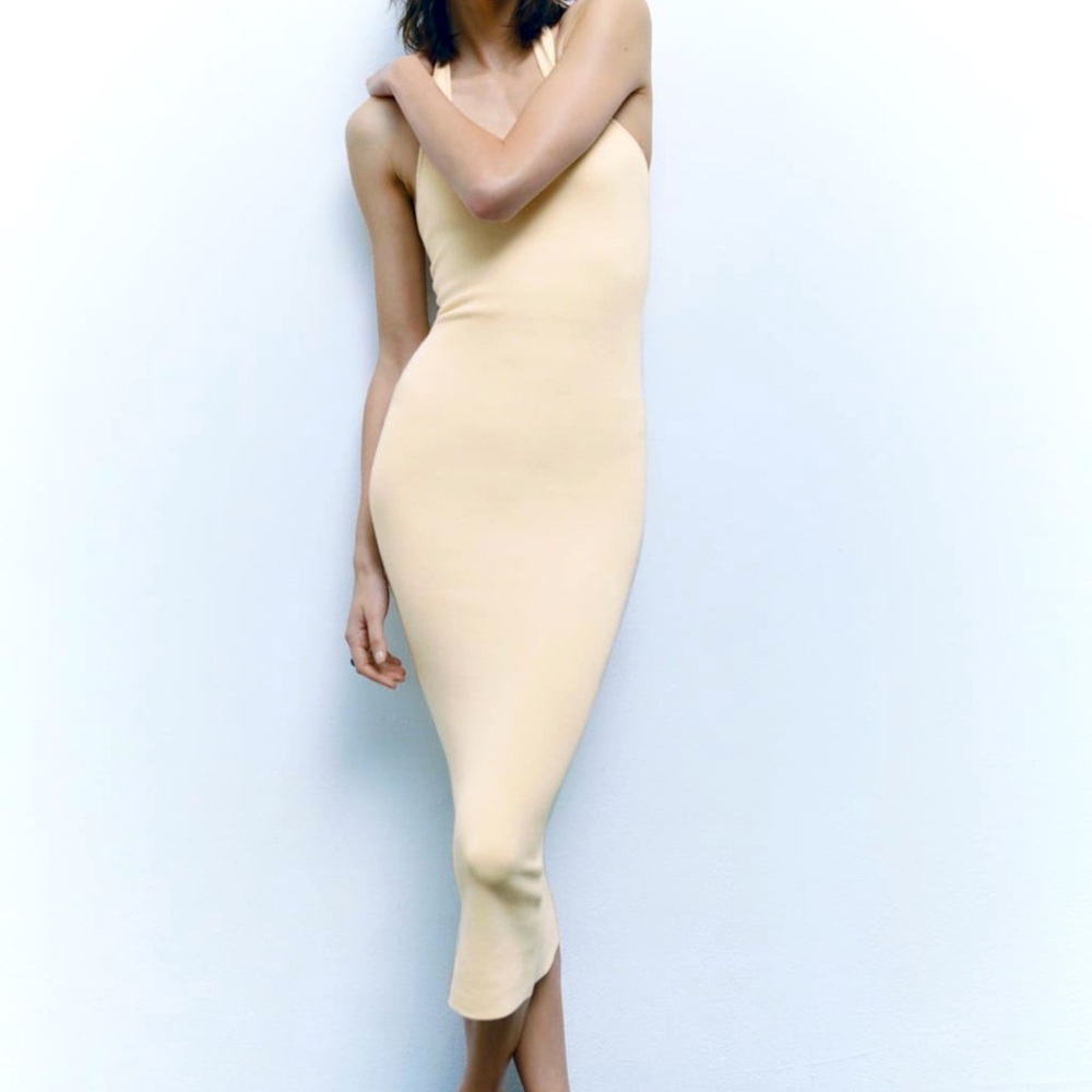 Zara midi stretch knit bodycon halter dress sz S NWT